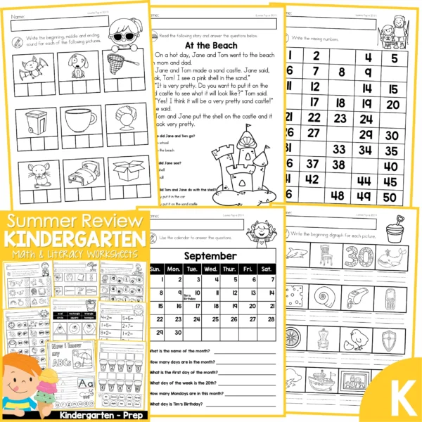 Kindergarten Summer Review Worksheets. CVC Words | Reading Comprehension | Missing Numbers | Calendar Work | Beginning Digraphs