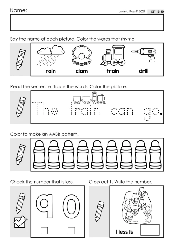 Preschool Morning Work Set 10. Rhyming words, reading and tracing sentences, patterns, comparing numbers, 1 less