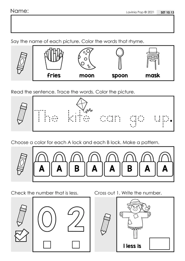 Preschool Morning Work Set 10. Rhyming words, reading and tracing sentences, patterns, comparing numbers, 1 less