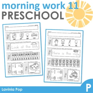 Preschool Morning Work Set 11. Rhyming words, reading and tracing sentences, patterns, comparing numbers, 1 more and 1 less