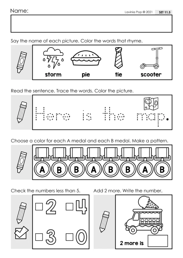 Preschool Morning Work Set 11. Rhyming words, reading and tracing sentences, patterns, comparing numbers, 1 more and 1 less