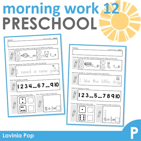 Preschool Morning Work Set 12. CVC short vowel sounds, reading and tracing sentences, number sequence, counting, adding 1