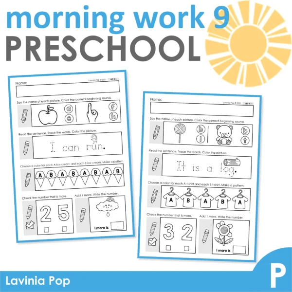 Preschool Morning Work Set 9. Beginning sounds, reading and tracing sentences, AB patterns, comparing numbers, adding 1