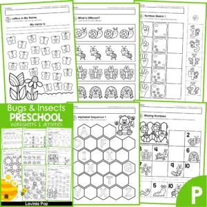 Bugs & Insects Preschool Worksheets. Letters in my name | What is different | Number Match | Alphabet sequence | Missing Numbers