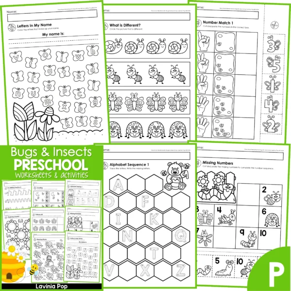 Bugs & Insects Preschool Worksheets. Letters in my name | What is different | Number Match | Alphabet sequence | Missing Numbers