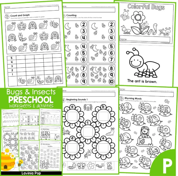 Bugs & Insects Preschool Worksheets. Count and graph | Counting | Reader | Beginning sounds | Rhyming words