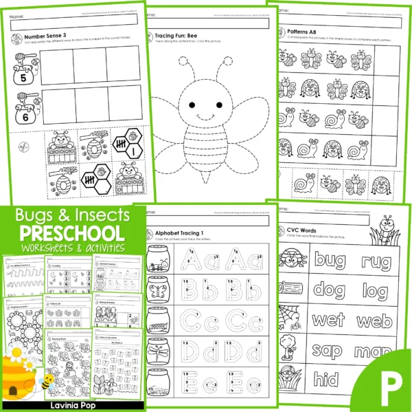 Bugs & Insects Preschool Worksheets. Number sense | Tracing a bee | AB Patterns | Alphabet Tracing | CVC Words