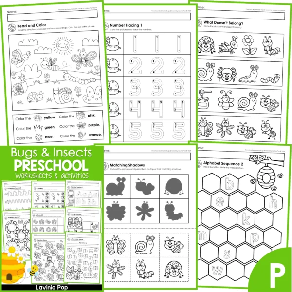 Bugs & Insects Preschool Worksheets. Read and color | Number Tracing | What doesn't belong | Matching shadows | Alphabet sequence