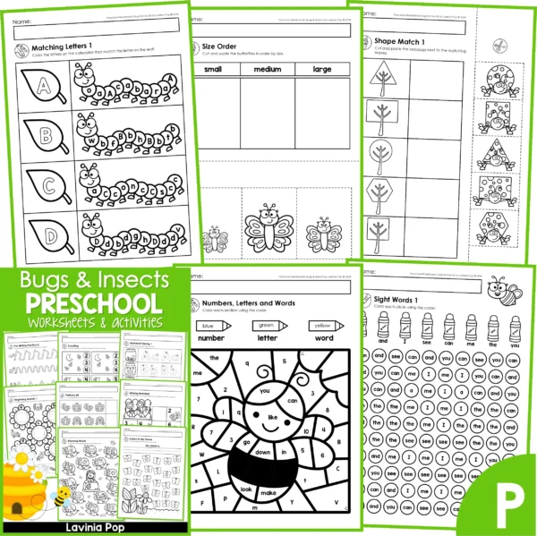 Bugs & Insects Preschool Worksheets. Matching Letters | Size order | Shape Match | Numbers, Letters, Words | Sight Words