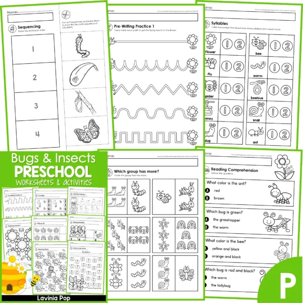 Bugs & Insects Preschool Worksheets. Sequencing | Pre-writing practice | Syllables | Comparing numbers | Reading comprehension