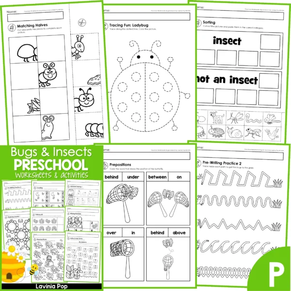 Bugs & Insects Preschool Worksheets. Matching halves | Tracing pictures | sorting insect\not insect | Prepositions | Pre-writing practice