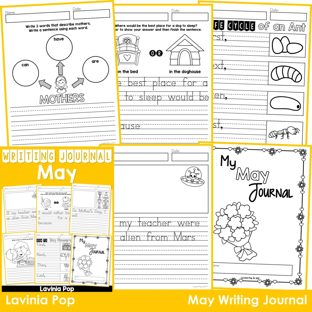 May Writing Journal Prompts. Includes a variety of text types: writing lists, labelling, procedures, opinion pieces, narrative text, letters and acrostic poems.