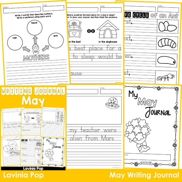 May Writing Journal Prompts. Includes a variety of text types: writing lists, labelling, procedures, opinion pieces, narrative text, letters and acrostic poems.