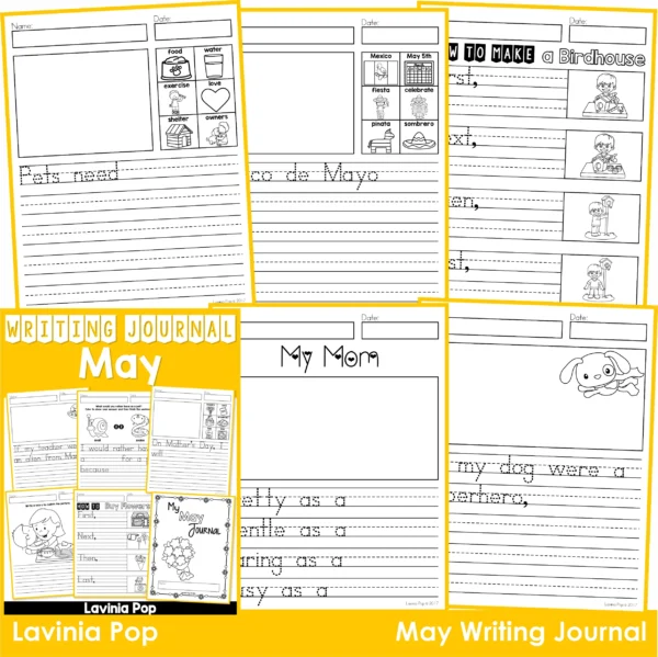 May Writing Journal Prompts. Includes a variety of text types: writing lists, labelling, procedures, opinion pieces, narrative text, letters and acrostic poems.