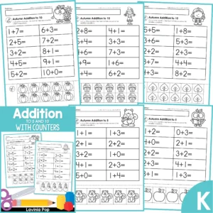 Addition Worksheets with Cut Apart Counters for Kindergarten | 20 seasonal practice pages