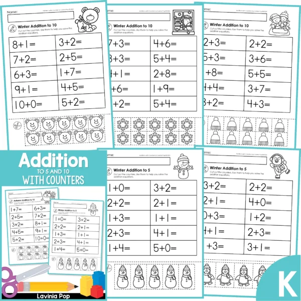 Addition Worksheets with Cut Apart Counters for Kindergarten | 20 seasonal practice pages