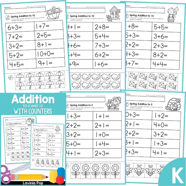 Addition Worksheets with Cut Apart Counters for Kindergarten | 20 seasonal practice pages