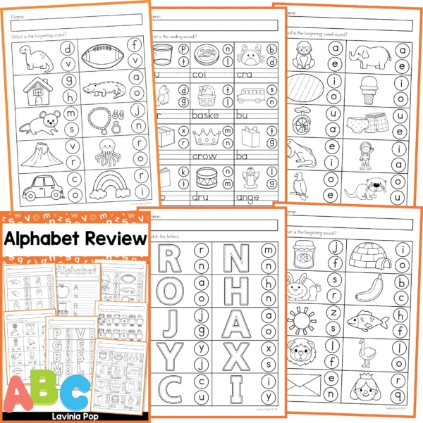 Alphabet Review Worksheets. Alphabet Writing | Alphabet Order | Upper and Lower Case Letter Match | Beginning Sounds | Ending Sounds | Vowel Sounds