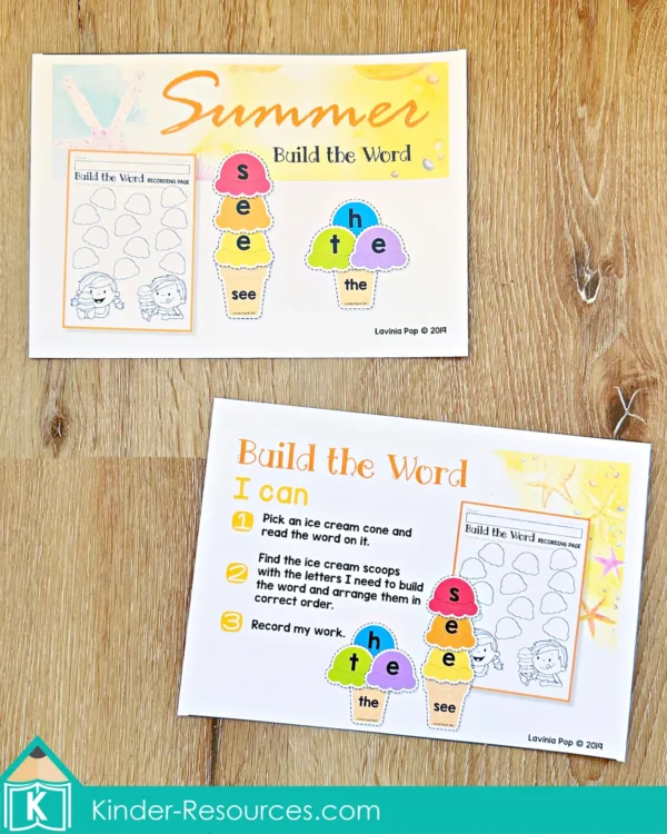 FREE Editable Sight Words Center Activity. Summer Ice Cream Cones and Scoops. Label and Instruction Card