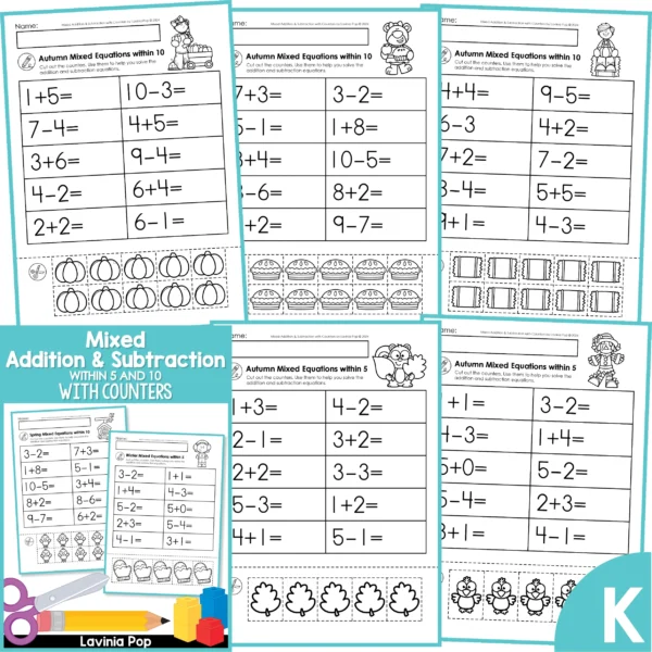 Mixed Addition and Subtraction Worksheets with Cut Apart Counters for Kindergarten | 20 seasonal practice pages