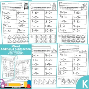 Mixed Addition and Subtraction Worksheets with Cut Apart Counters for Kindergarten | 20 seasonal practice pages