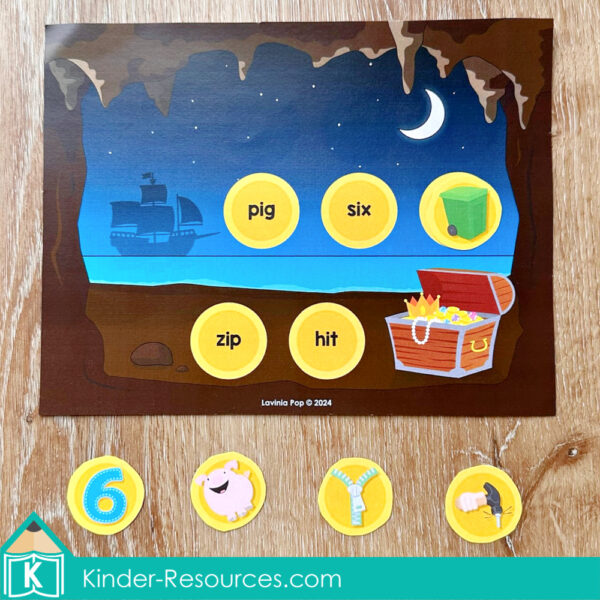 Pirate Preschool Center Activities. Coins CVC and Picture Match