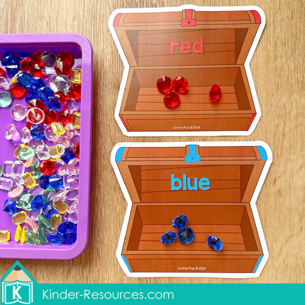 Pirate Preschool Center Activities. Sorting Gems to Treasure Chest by Color Red Blue