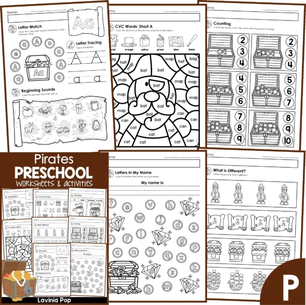 Preschool Pirates Worksheets. Alphabet Worksheets | CVC Words | Counting | Letters in My Name | What is Different