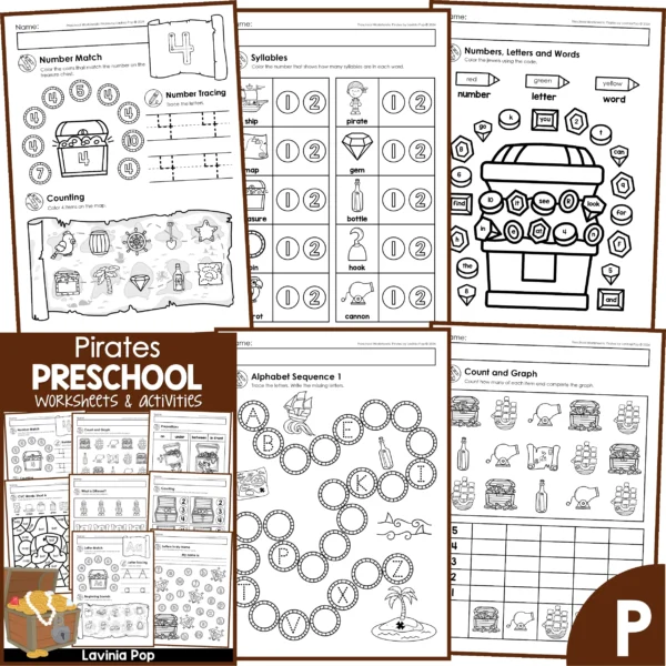 Preschool Pirates Worksheets. Number Worksheets | Syllables | Numbers, Letters, Words | Alphabet Sequence | Count and Graph