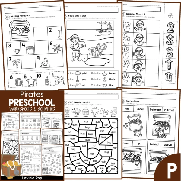 Preschool Pirates Worksheets. Missing Numbers | Read and Color | Number Match | CVC Words | Prepositions