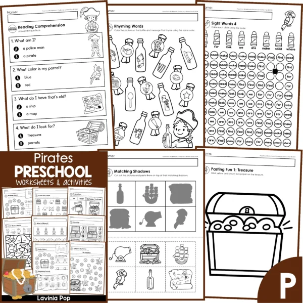 Preschool Pirates Worksheets. Reading Comprehension | Rhyming Words | Sight Words | Matching Shadows | Pasting Activity