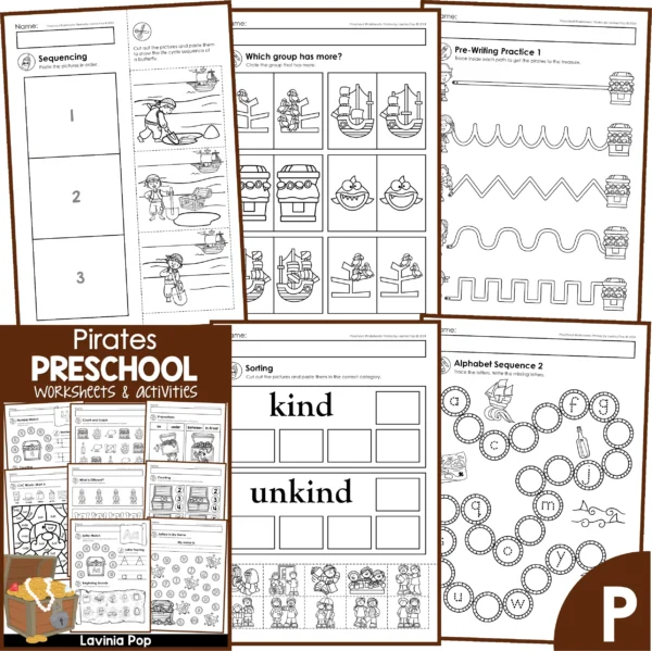 Preschool Pirates Worksheets. Sequencing | Which group has more | Pre-Writing Practice | Kind and Unkind sorting | Alphabet Order