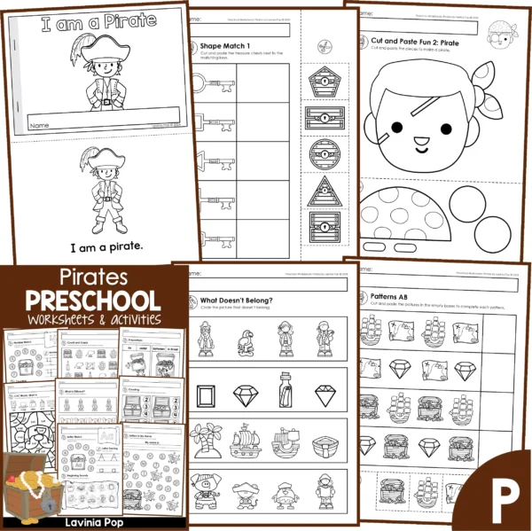 Preschool Pirates Worksheets. I am a Pirate Reader | Shape Match | Cut and Paste Activity | What Doesn't Belong? | AB Patterns