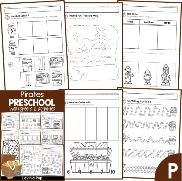 Preschool Pirates Worksheets. Number Sense | Tracing Activity | Order by Size | Number ORder | Pre-Writing Practice