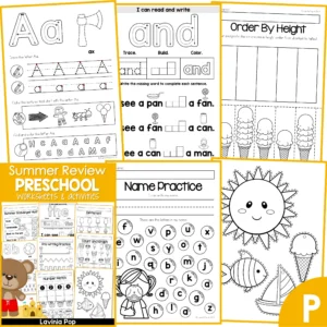 Preschool Summer Review Worksheets. Alphabet Book | Sight Words Book | Order by Height | Name Practice | Summer Mobile Cutting Practice