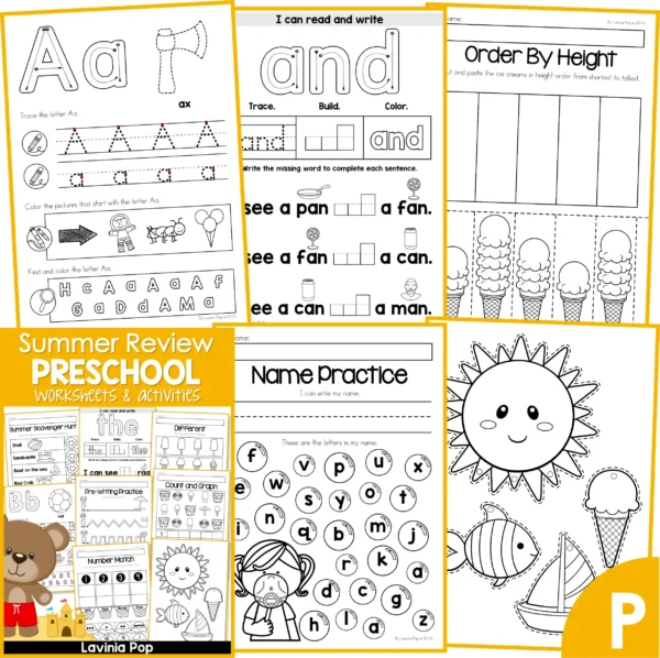 Preschool Summer Review Worksheets. Alphabet Book | Sight Words Book | Order by Height | Name Practice | Summer Mobile Cutting Practice