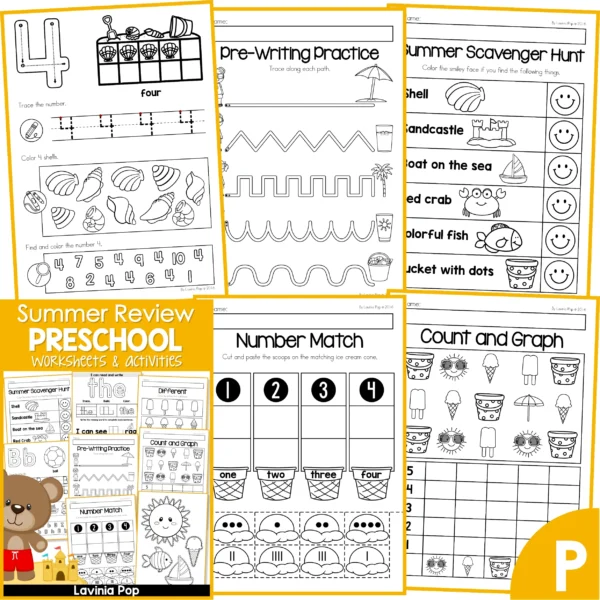 Preschool Summer Review Worksheets. Number Book | Pre-Writing | Scavenger Hunt | Number Match | Count and Graph