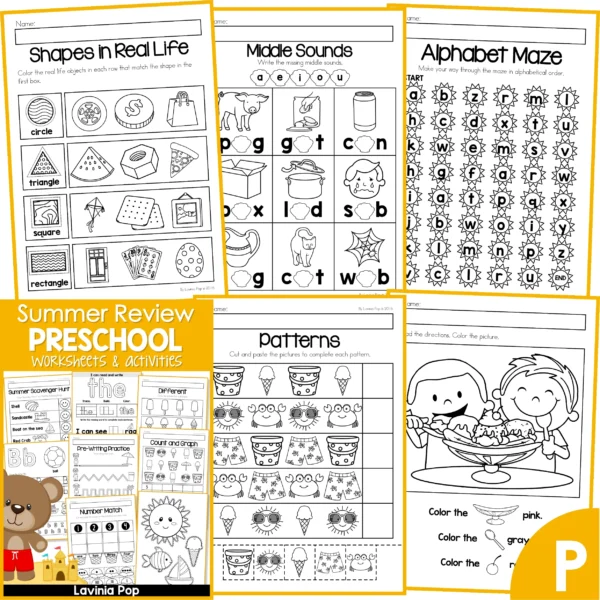 Preschool Summer Review Worksheets. Shapes in Real Life | Middle Sounds | Alphabet Maze | Patterns | Color by Directions