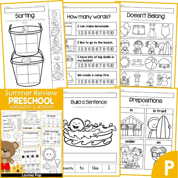 Preschool Summer Review Worksheets. Sorting Shells | How Many Words | Doesn't Belong | Build a Sentence | Prepositions