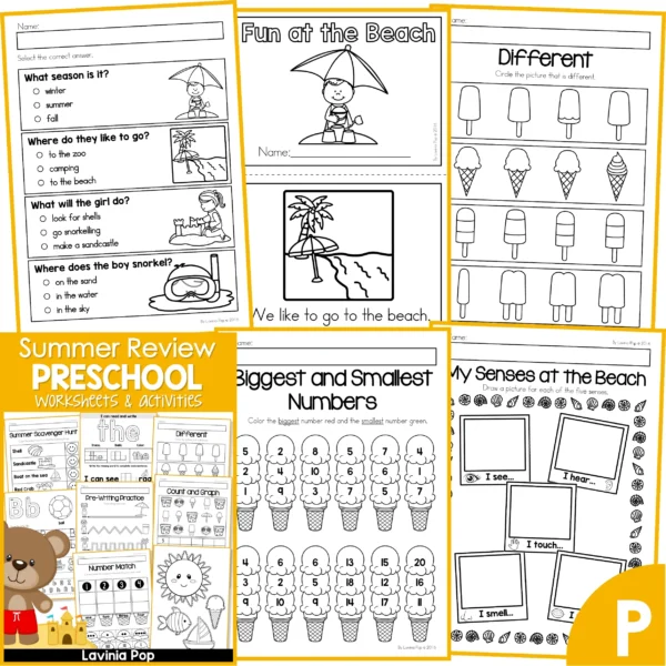 Preschool Summer Review Worksheets. Reader with Comprehension Page | Different | Biggest and Smallest Numbers | My Senses at the Beach
