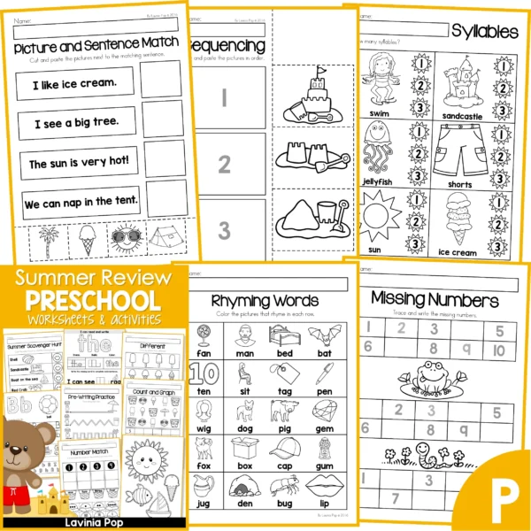 Preschool Summer Review Worksheets. Picture and Sentence Match | Sequencing | Syllables | Rhyming Words | Missing Numbers