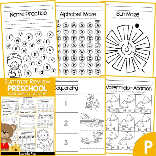 Preschool Summer Review Worksheets. Name PRactice | Alphabet Maze | Sun Maze | Sequencing | Watermelon Seeds Addition