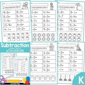 Subtraction Worksheets with Cut Apart Counters for Kindergarten | 20 seasonal practice pages