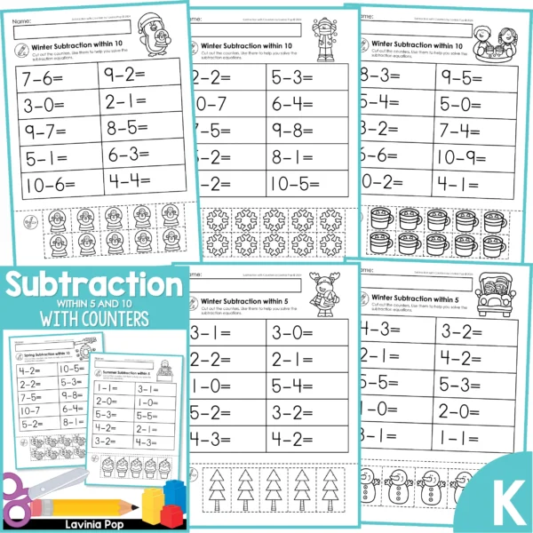 Subtraction Worksheets with Cut Apart Counters for Kindergarten | 20 seasonal practice pages
