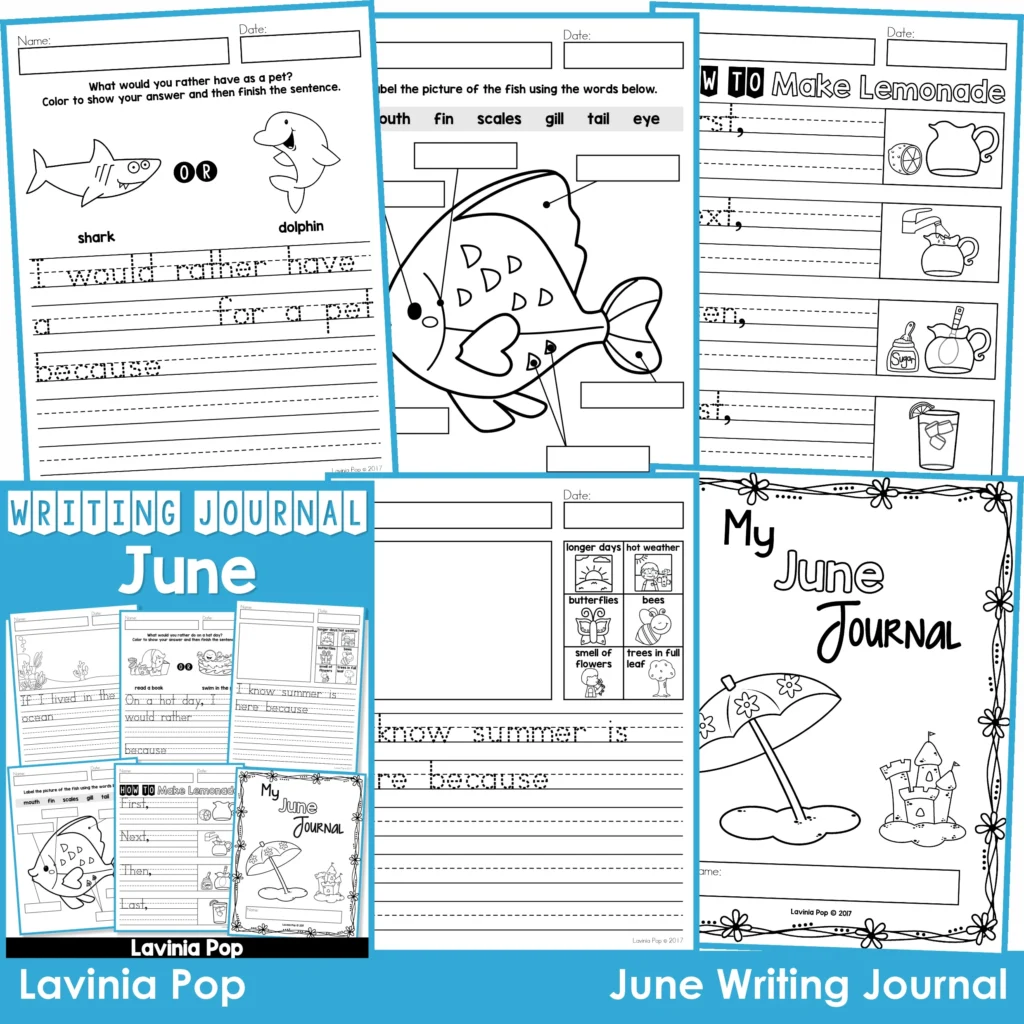 June Writing Journal Prompts. Includes a variety of text types: writing lists, labelling, procedures, opinion pieces, narrative text, letters and acrostic poems.