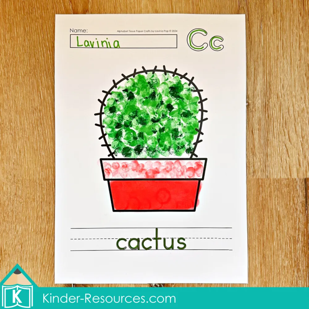 Cactus Tissue Paper Craft Alphabet Letter C Alphabet Tissue Paper Craft for the letter C featuring a green cactus and red flowerpot decorated with dot markers for letter recognition