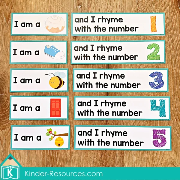 Number Rhymes Activity for Phonological Awareness. Matching Pictures and Numbers 1-5