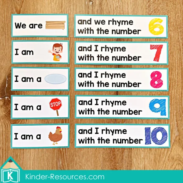 Number Rhymes Activity for Phonological Awareness. Matching Pictures and Numbers 6-10