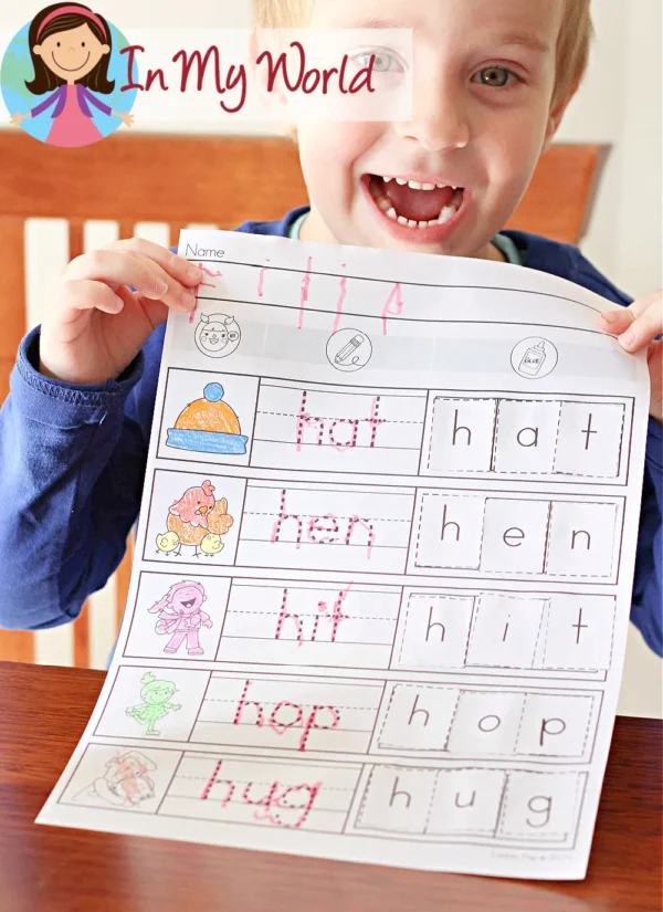 FREE Preschool Letter H Printable Worksheets and Activities. CVC worksheet cut paste completed