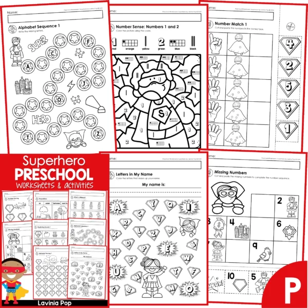 Superhero Preschool Worksheets. Alphabet Sequence | Number Sense | Number Match | Letters in my Name | Missing Numbers